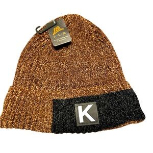 🆕 Unisex L.L.K Brown & Black Faux Leather “K” Patch Beanie with Faux Fur Lining
